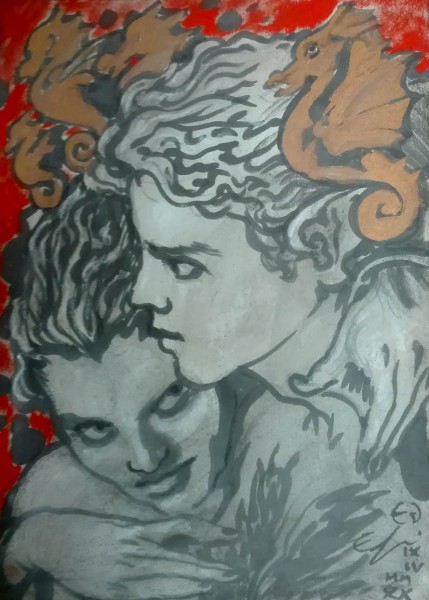 sirena-e-tritone-con-fondo-rosso